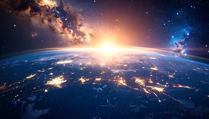 A vibrant, simulated view of Earth from space. The sun rises over the horizon. Stars and nebulae fill the background. City lights shine
