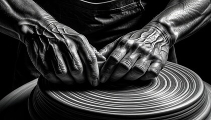Close-up Black and White Macro Shot of a Potter's Hands Shaping Clay on a Spinning Wheel