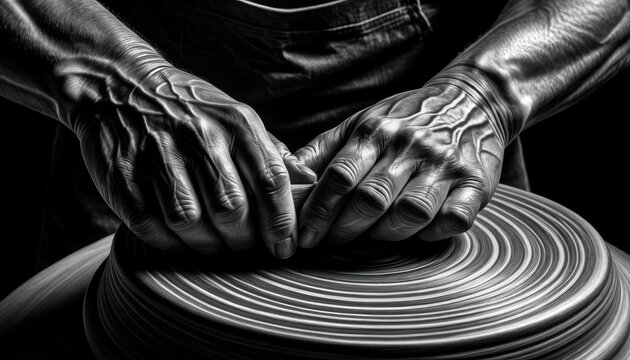 Close-up Black and White Macro Shot of a Potter's Hands Shaping Clay on a Spinning Wheel