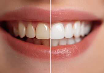 Close-up of a smiling woman showcasing teeth before and after whitening treatment, highlighting dental transformation and oral health improvement with copy space