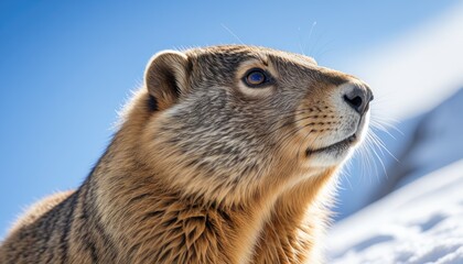 Close-up of an alert alpine marmot in sunlit snow against a vibrant blue sky, a stunning wildlife portrait.