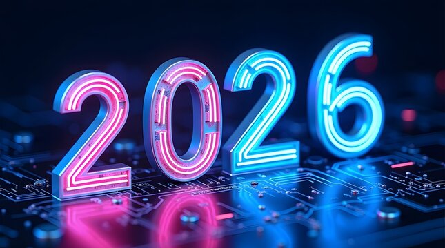 Bright neon numbers 2026 glowing on a circuit board background at night