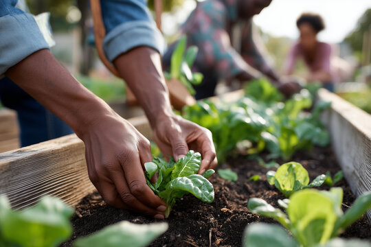 Close-up Family tending shared community garden bed, vegetables growing, warm evening light, social connection, 
