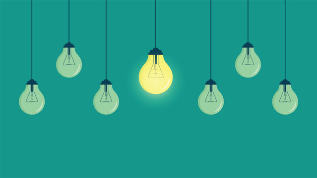 Creative hanging light bulbs background featuring a glowing yellow bulb standing out among dim bulbs perfect for ideas inspiration leadership innovation concepts and modern minimal themes