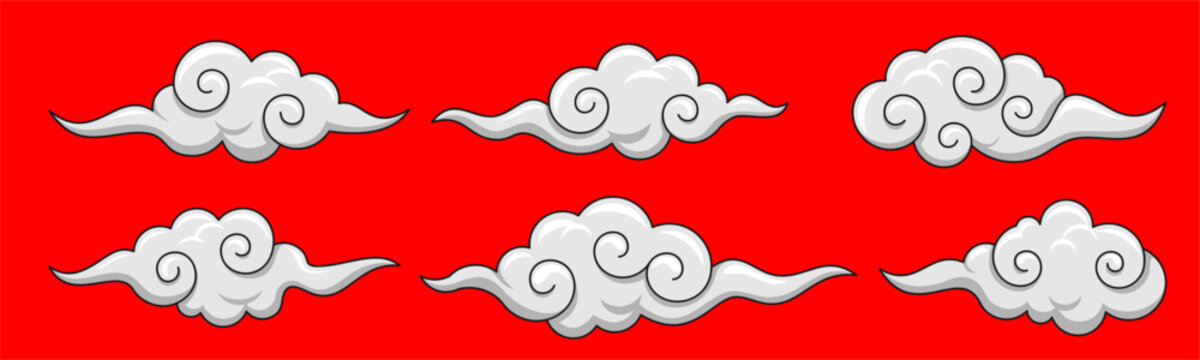 Chinese Cloud Vector Set &ndash; Traditional Asian Swirl Clouds in Cartoon Style on Red Background