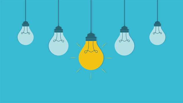 Modern hanging light bulbs background featuring one glowing yellow bulb standing out among soft blue bulbs perfect for themes of creativity leadership innovation inspiration and bright ideas - Powered by Adobe