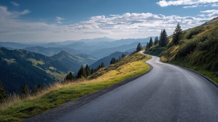 Fototapeta premium Asphaltstraße, die ins Gebirge führt, umgeben von grünen Bergen und klarem Himmel, ruhige und weite Landschaft.