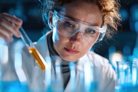 Female scientist in laboratory wearing protective eyewear, carefully analyzing liquid in pipette, surrounded by glassware, showcasing scientific research and experimentation process