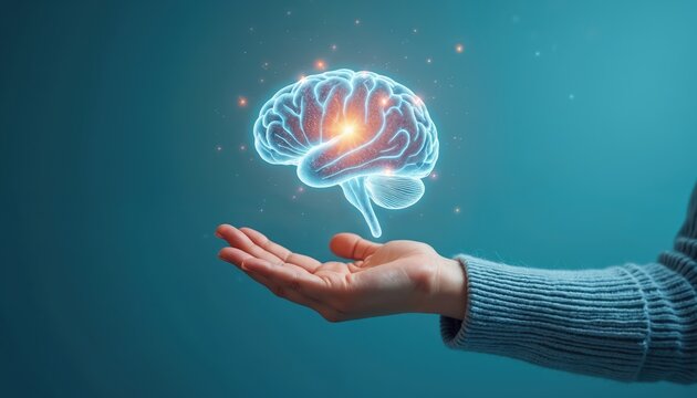 Hand holds a glowing digital brain hologram on a blue background. Concept for neurology, health, mind care, and science. Represents diseases like Alzheimer, stroke, or autism. - Powered by Adobe