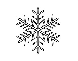 Black and white illustration of a symmetrical, six-pointed, ice crystal. Delicate and detailed snowflake design