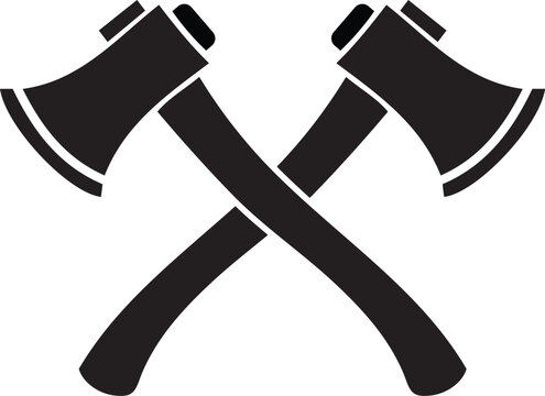 A vintage style  black two crossed axes icon silhouette flat vector illustration, isolated on a white background.