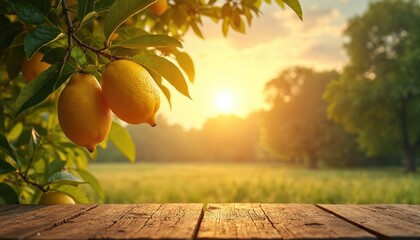 Ripe yellow lemons hang on green tree branch. Old rustic wooden table sits empty. Golden hour sun shines bright over distant green field. Organic citrus fruits grow in beautiful farm garden, ready
