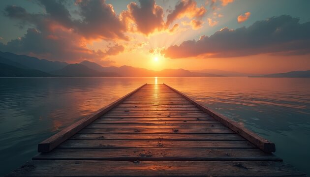 Wooden pier leads to bright sunset over calm water and distant mountains. Sunbeams break through clouds, casting orange glow. Peaceful scene, end of day.