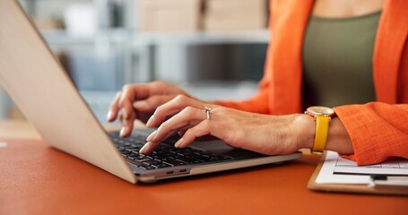 Hands, laptop and typing for logistics at startup, dropshipping and sales report at warehouse....