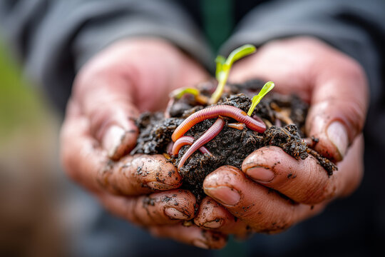 Close-up earthworms in rich compost being held in gardeners palm, texture and detail, 
