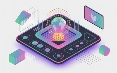 Fototapeta premium Futuristic Isometric Platform with Holographic Globe and Geometric Elements for Technology Innovation Visuals