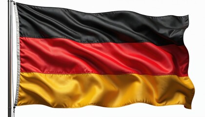 Naklejka premium Germany flag flutters on flagpole in the wind. German banner as symbol of patriotism and national identity. Tricolor consisting of black red and gold bands represents unity and freedom.