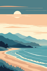 Coastal landscape with mountains and sunset sky