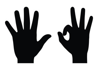 Black Silhouette Hand Gestures Displaying Open Palm and Three Fingers Up