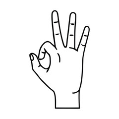 Hand gesturing with fingers forming a circle and three raised for communication