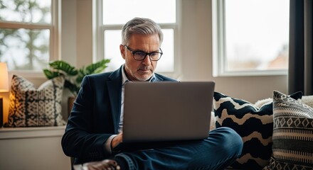 Mature Businessman Focused Working Laptop Computer From Home Office