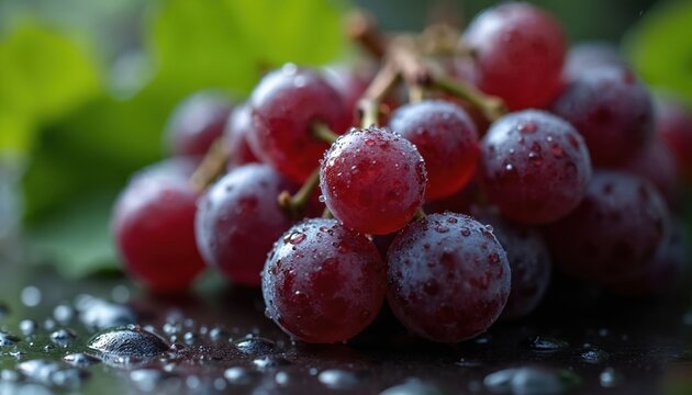 Close-up of glistening red grapes with water droplets on dark slate. Green leaves frame cluster, creating rich texture, vibrant color palette. Perfect for food blogs, wine advertising health wellness