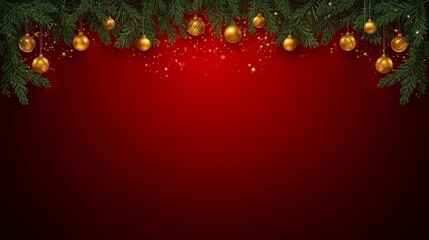 Dark red Christmas background with deep green pine leaves, golden ornaments, and cinematic lighting. Subtle sparkles create an atmospheric glow. Spacious blank area in the lower third for copy space. 