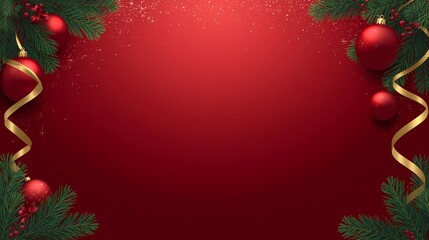 Dark red Christmas background with deep green pine leaves, golden ornaments, and cinematic lighting. Subtle sparkles create an atmospheric glow. Spacious blank area in the lower third for copy space. 
