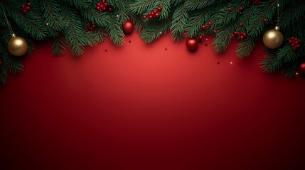 Dark red Christmas background with deep green pine leaves, golden ornaments, and cinematic lighting. Subtle sparkles create an atmospheric glow. Spacious blank area in the lower third for copy space. 