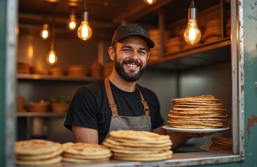 Smiling man sells flatbread from food truck. Vendor wears apron, holds plate with stack of bread. Fresh food made with care. Daily baking for customers.