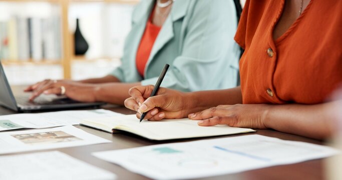 Paperwork, writing and hands of people with laptop, project management or market trends with notebook. Brand performance, proposal planning or women with tech for research, teamwork or review meeting