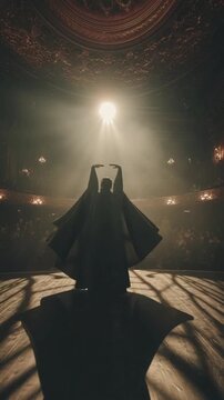 Dramatic performer commands the stage under a spotlight in an ornate vintage theater before a captivated audience