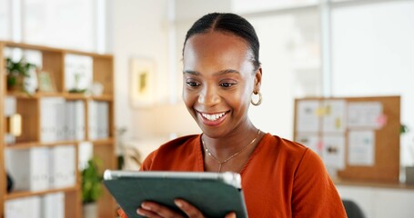 Media agency, tablet and black woman in office, smile and online review for creative publication....