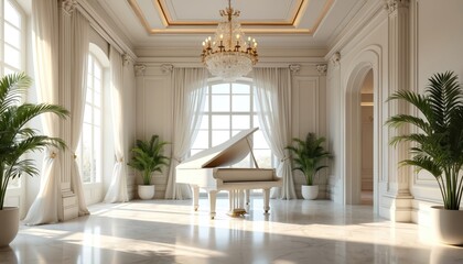Elegant white grand piano rests in sunlit, ornate room. Large windows with flowing curtains, potted plants, crystal chandelier enhance luxurious classical interior setting for musical performance