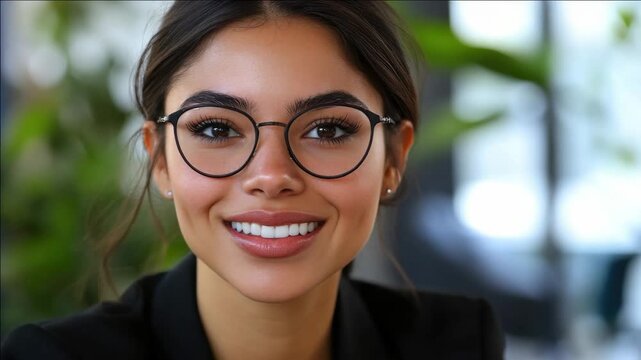 Positive and attractive businesswoman wearing modern eyewear and a black jacket over collared shirt.