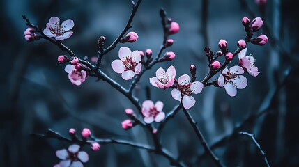 Blue airy atmosphere filled with drifting pink petals glowing under natural daylight