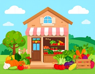 Obraz premium A charming, illustrated farmers market, brimming with colorful fresh produce. A small house with an awning is the store