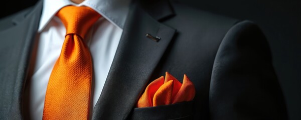 Man wears formal suit with white shirt and orange necktie. Jacket lapel features bright orange pocket square. Elegant groom attire for special event.