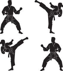 Silhouettes of male and female karate practitioners demonstrating various martial arts stances and movements © designworld24x7