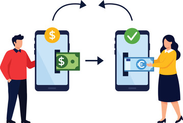 Man sending dollars woman receiving euros via mobile phones mobile payment money transfer