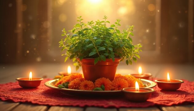 Ceremony scene with Tulsi plant in a pot adorned with orange flowers. Lit diyas candles around create warm lights. Festive decoration, spiritual offering visualizes Indian culture.