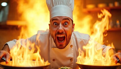 Screaming chef with wide eyes cooks food vigorously in restaurant. Intense flames erupt from two pans in professional kitchen setting. Handles fire expertly during culinary preparation, showing