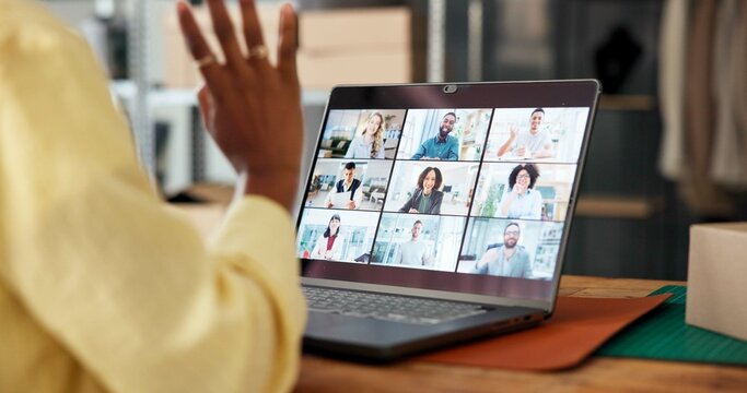 Laptop screen, video call and hand wave in small business for meeting or supply chain discussion. Office, greeting and person on computer in virtual conference, logistics or shipping with team