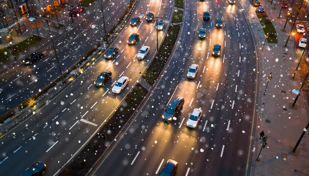 Captivating aerial view of cars navigating a busy city street during a beautiful snowfall at dusk, creating a vibrant urban winter scene.