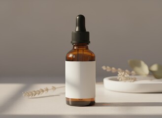 Fototapeta premium Amber dropper bottle with blank label for essential oils