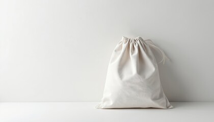 Plain unbranded drawstring bag rests on white surface, studio shot. Clean design, empty accessory for presentations, graphic design, or brand promotion.