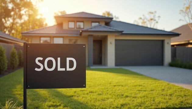 Black SOLD sign in front of modern suburban home with green lawn. Newly built house for sale in sunny weather. Real estate concept for housing market success.