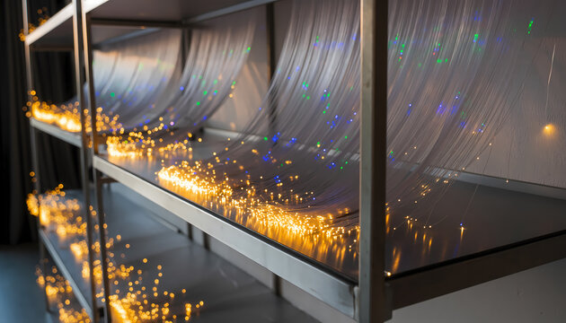 Mesmerizing fiber optic strands glow with warm golden and cool blue green lights creating a magical, futuristic atmosphere perfect for tech or event visuals.