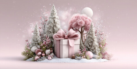Whimsical pastel Christmas scene with snowy trees, pink present, and fantasy flora
