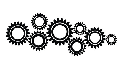 Interconnected black gears on a clean white background, illustrating a complex mechanical system, teamwork, process, and industrial engineering.
